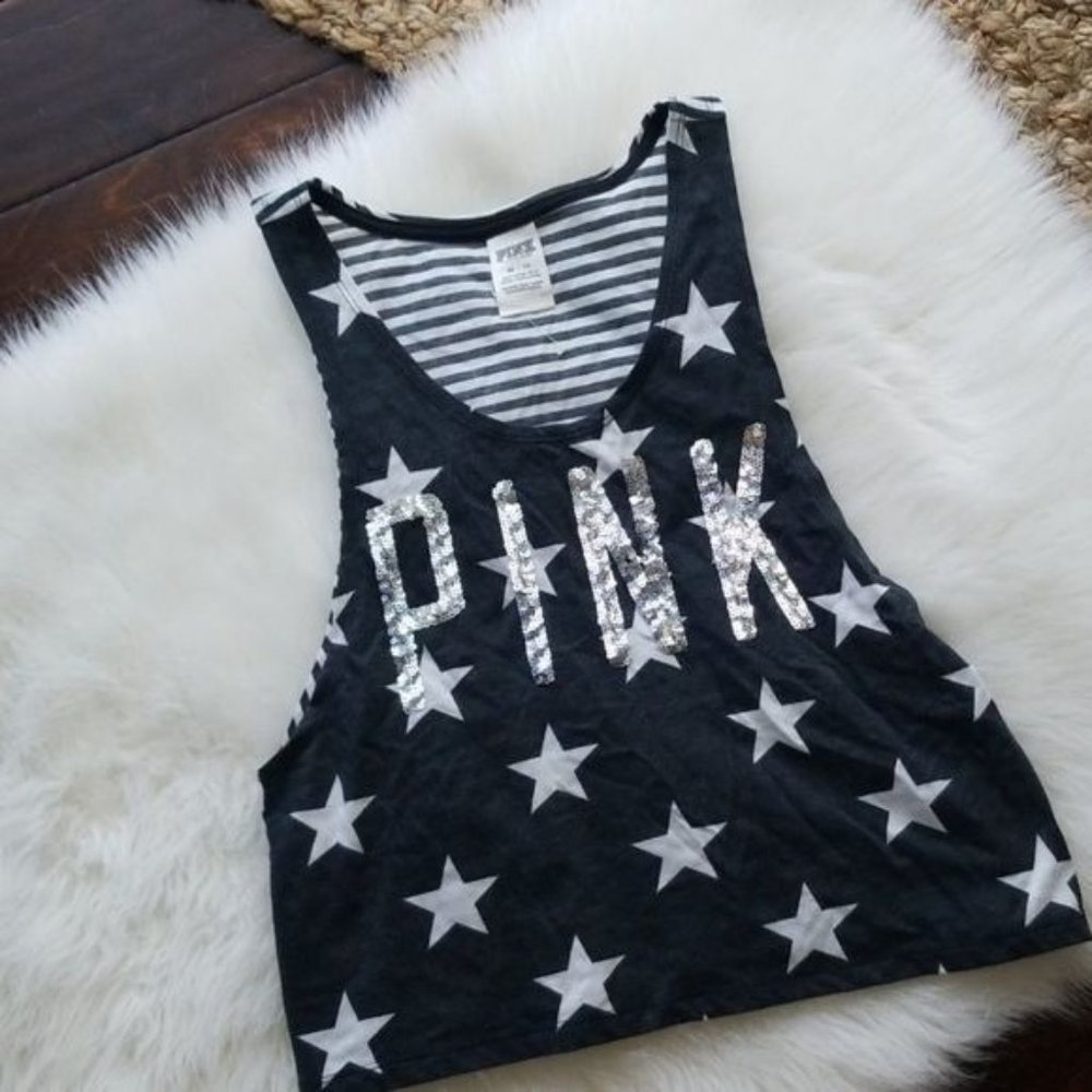 PINK by Victoria's Secret Stars & Stripes Grey & White Sequins Crop Muscle Tank